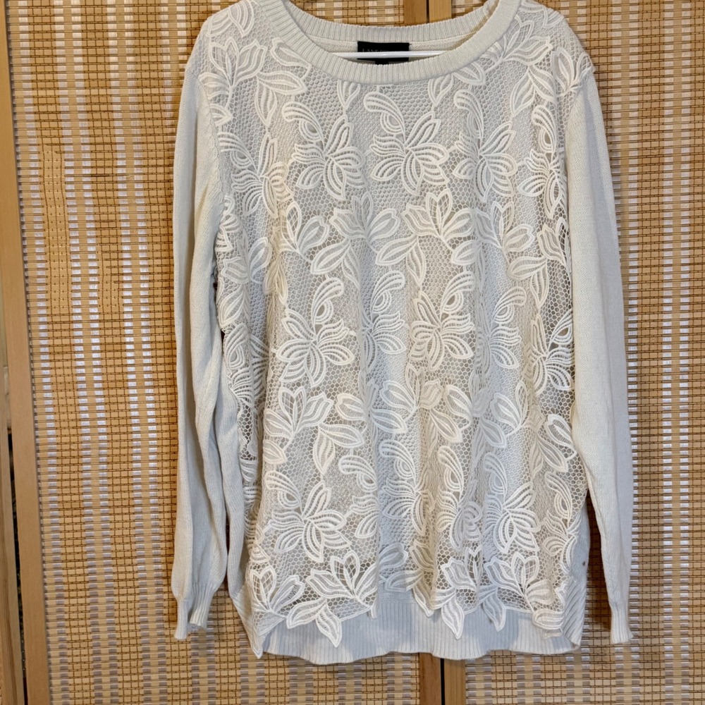 Lane Bryant Cream Floral Lace Front Sweater Long Sleeve Plus Size 22/24 Fairy